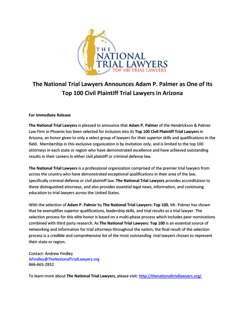 The National Trial Lawyers Announces Adam P. Palmer as One of Its Top 100 Civil Plaintiff Trial Lawyers in Arizona